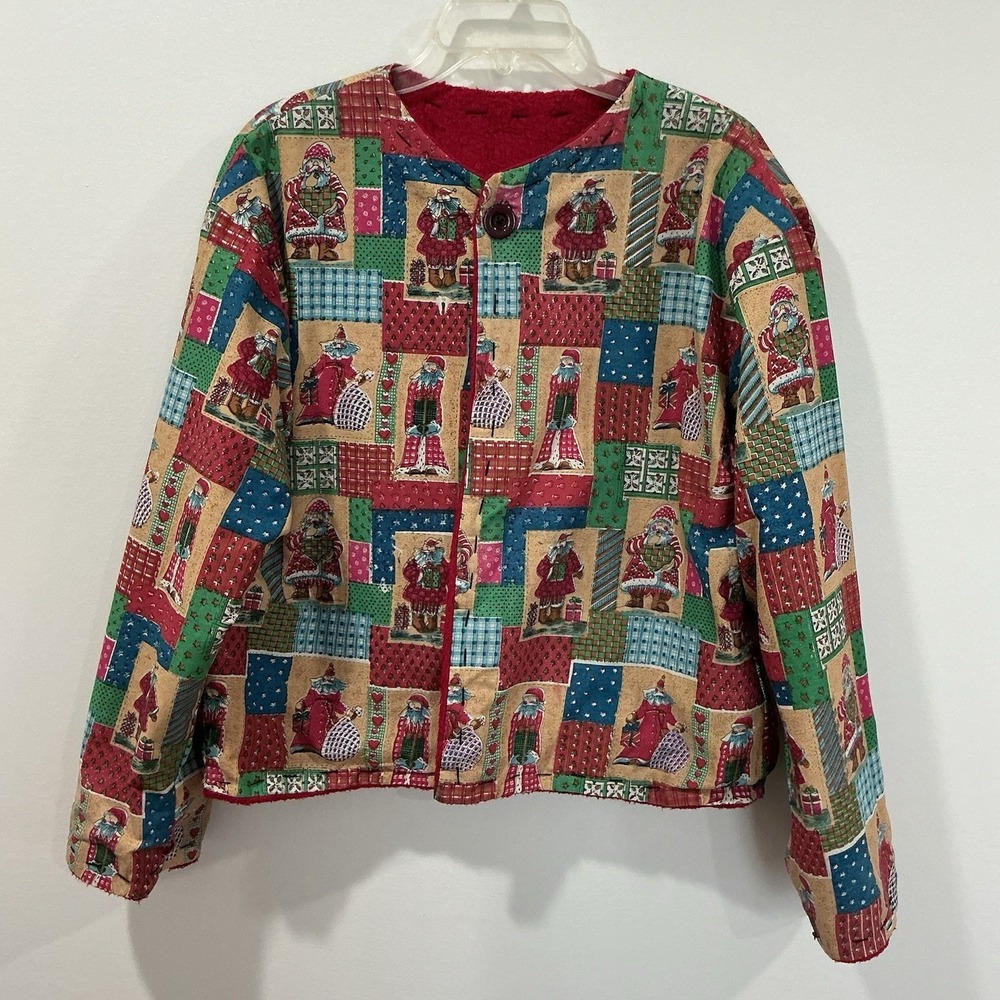 Vintage Handmade Grannycore Patchwork Cardigan Reversible Quilt Fleece L/XL